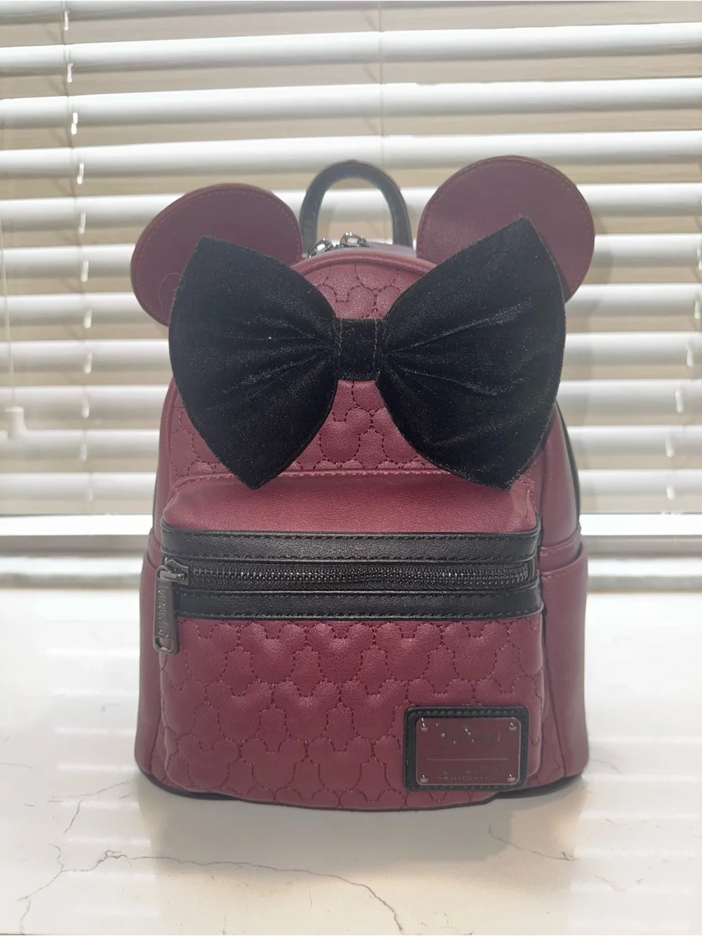 Burgundy Ear Backpack with Black Bow
